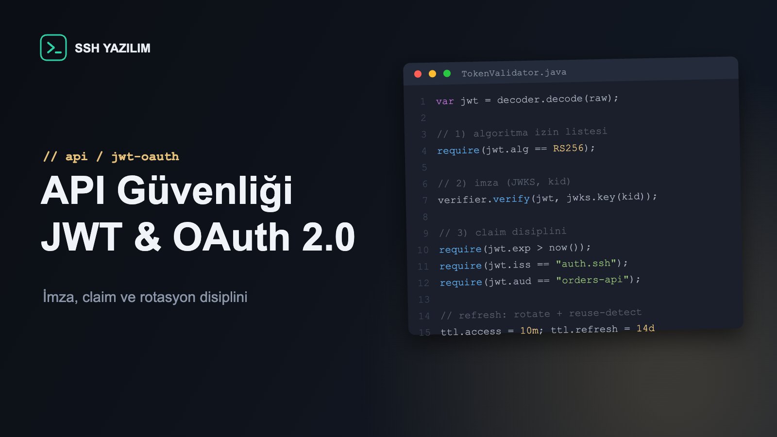 JWT doğrulama ve OAuth yapılandırma kodunu gösteren editör penceresi