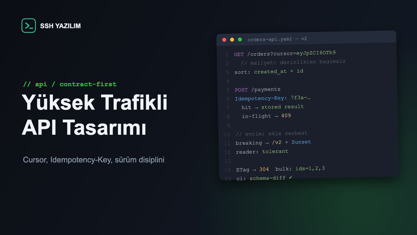 Cursor sayfalama ve idempotency anahtarı kullanımını gösteren kod editörü penceresi