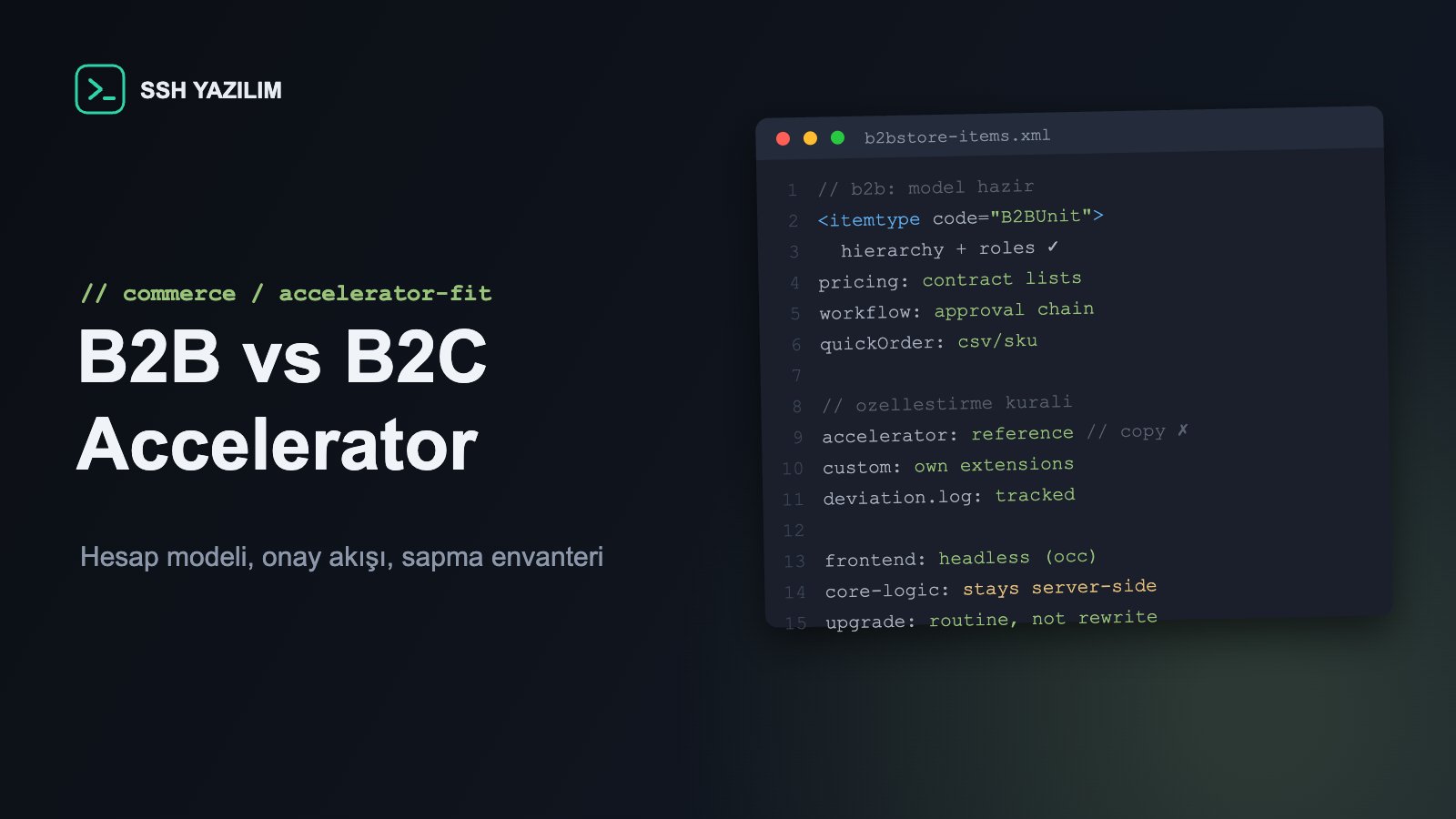 B2B accelerator hesap hiyerarşisi ve sipariş akışını gösteren kod editörü penceresi
