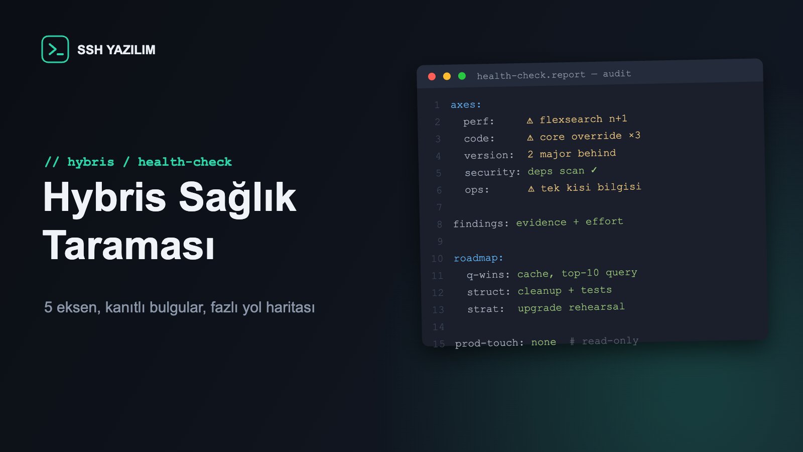 Hybris denetim bulgularını ve sağlık skorunu gösteren kod editörü penceresi