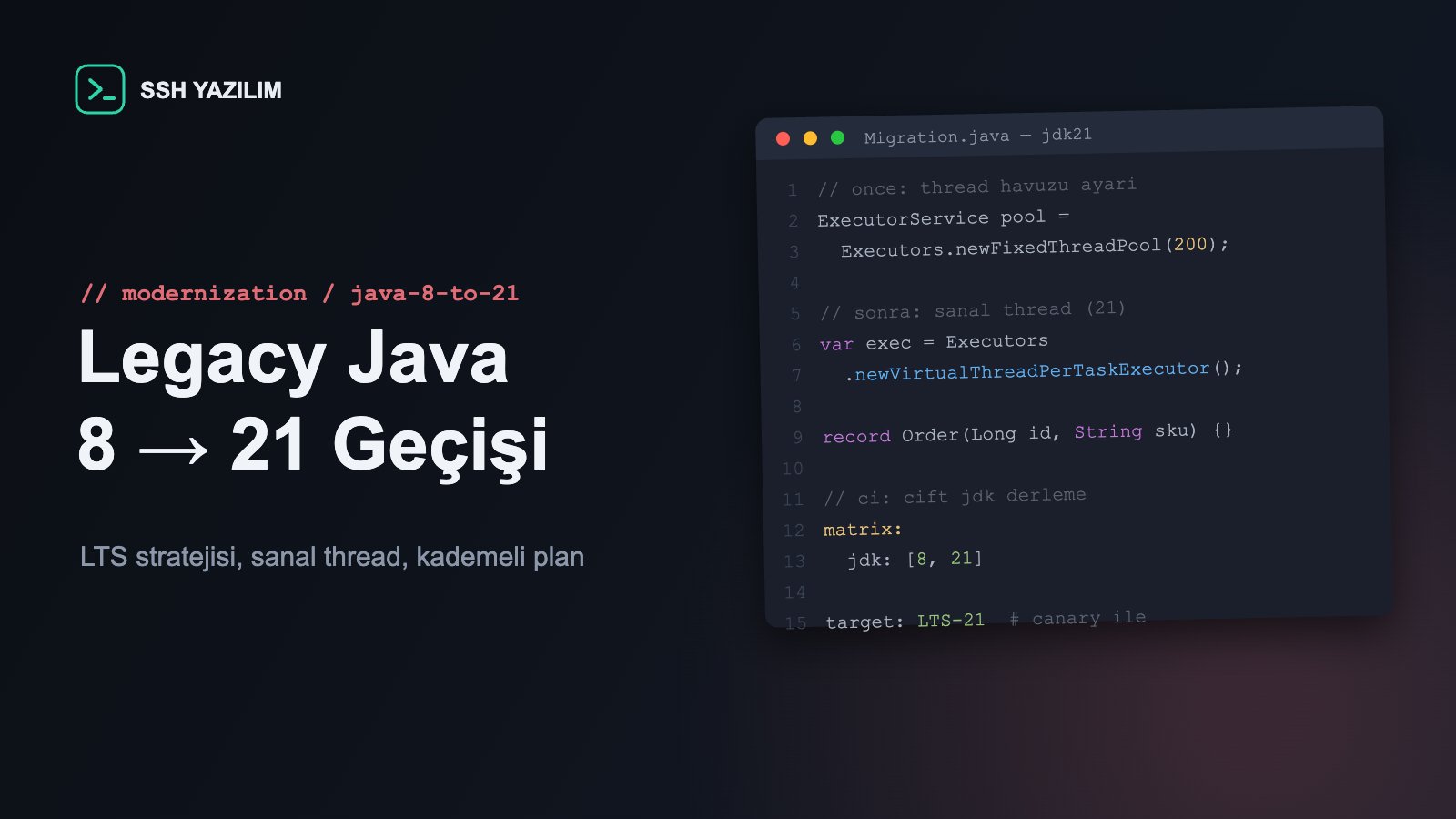 Java sürüm geçişini ve sanal thread kodunu gösteren editör penceresi
