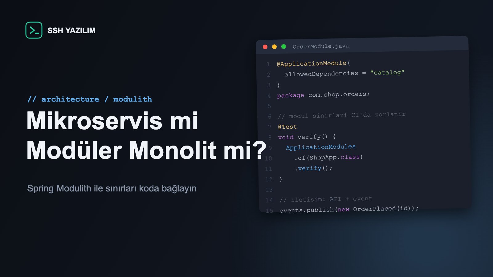 Spring Modulith modül sınırlarını gösteren Java editör penceresi