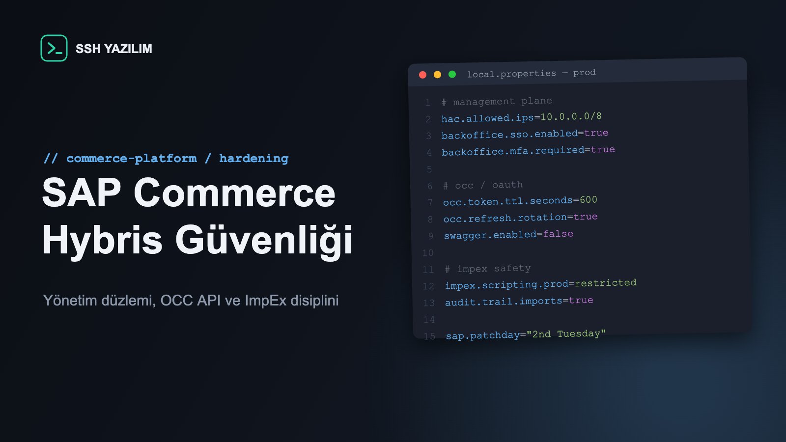 SAP Commerce Hybris güvenlik yapılandırmasını gösteren kod editörü penceresi: local.properties dosyasında erişim kısıtları
