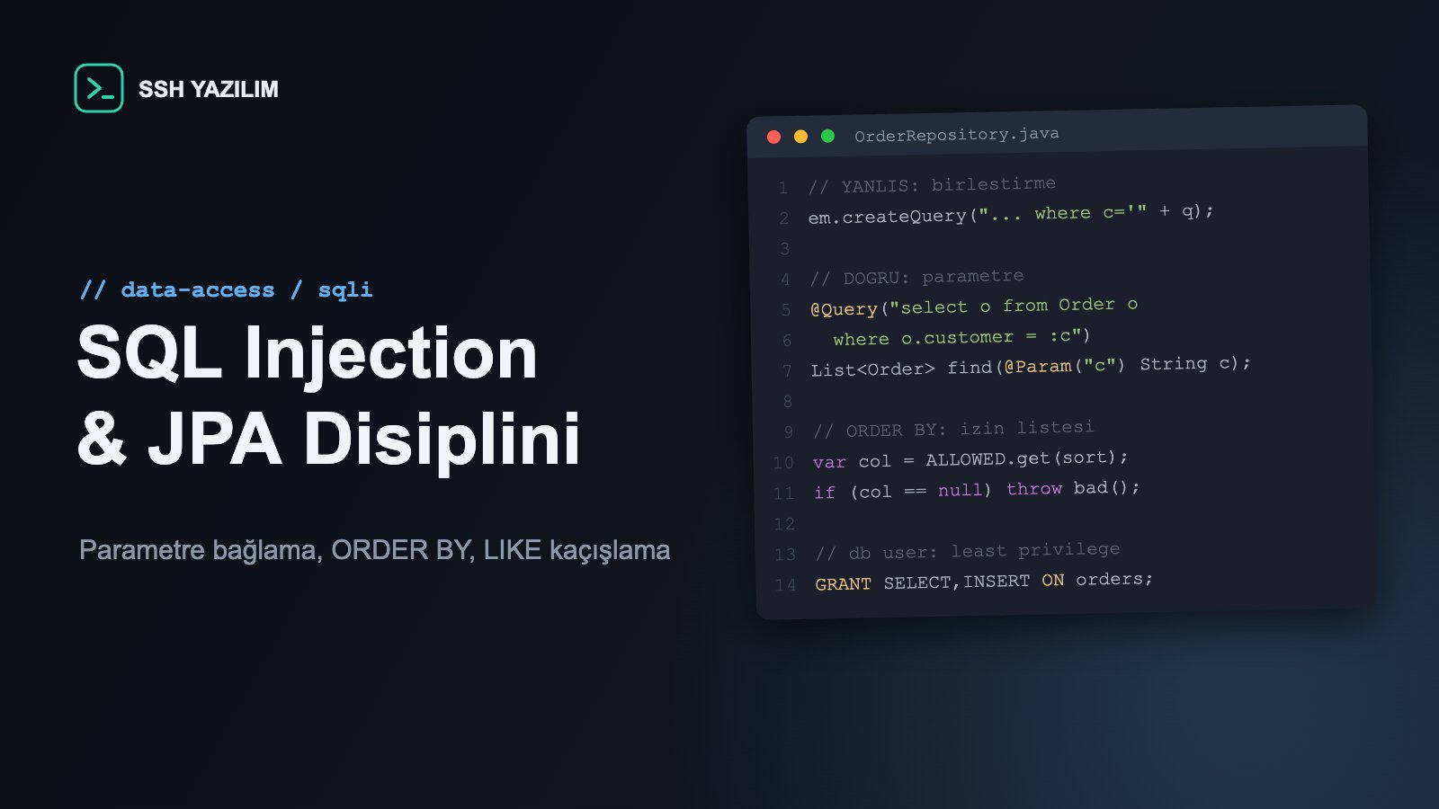 Parametrik JPA sorgusu ile güvensiz birleştirmenin karşılaştırıldığı Java editör penceresi